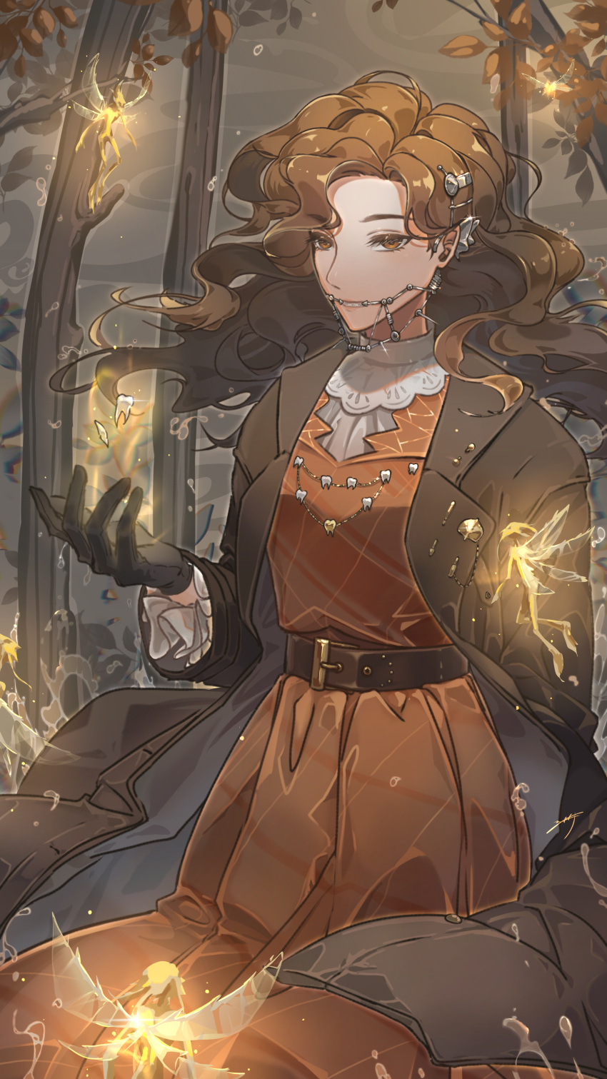 1girl, absurdres, black_gloves, braces, brown_coat, brown_eyes, brown_hair, coat, creature, curly_hair, dress, fairy, gloves, grey_background, grin, hand_up, highres, jewelry, long_dress, long_hair, long_sleeves, looking_at_viewer, necklace, red_dress, reverse:1999, shan_(shanshanshan114), shirt, smile, solo, tooth_fairy_(reverse:1999), tooth_necklace, tree, upper_body, white_shirt