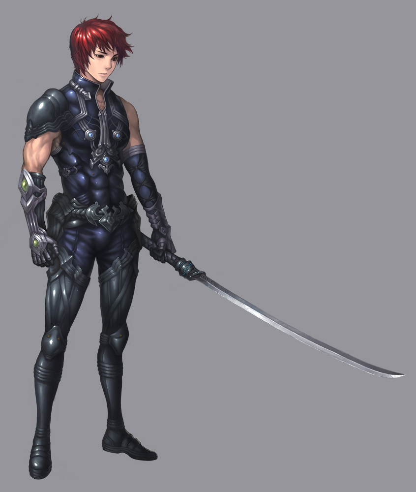 armor, katana, lapucelle_(arasoo1210), lapucelle_(artist), male, muscle, original, red_eyes, red_hair, redhead, short_hair, simple_background, solo, sword, weapon