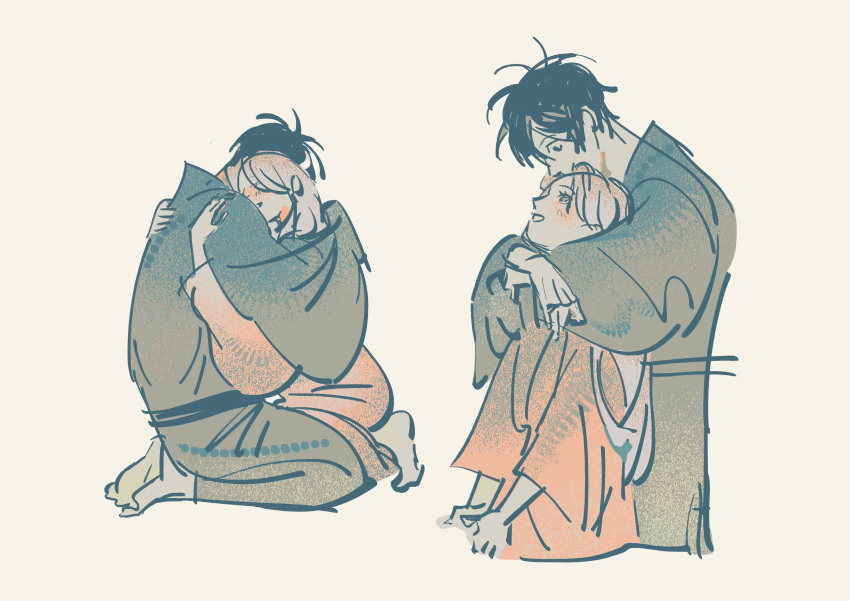 1boy, 1girl, absurdres, barefoot, black_hair, blonde_hair, blush, gotou_shinpei