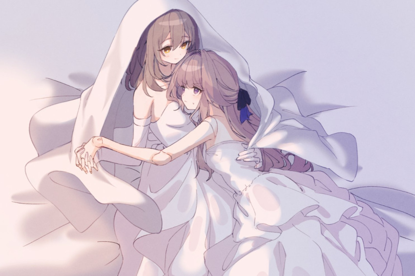 2girls, breasts, brown_eyes, doll_joints, dress, elbow_gloves, genshou_ex, gloves, grey_hair, hair_ribbon, herta_(honkai:_star_rail), honkai:_star_rail, honkai_(series), joints, long_hair, medium_breasts, medium_hair, multiple_girls, ribbon, short_hair, simple_background, stelle_(honkai:_star_rail), trailblazer_(honkai:_star_rail), violet_eyes, wedding_dress, yellow_eyes, yuri