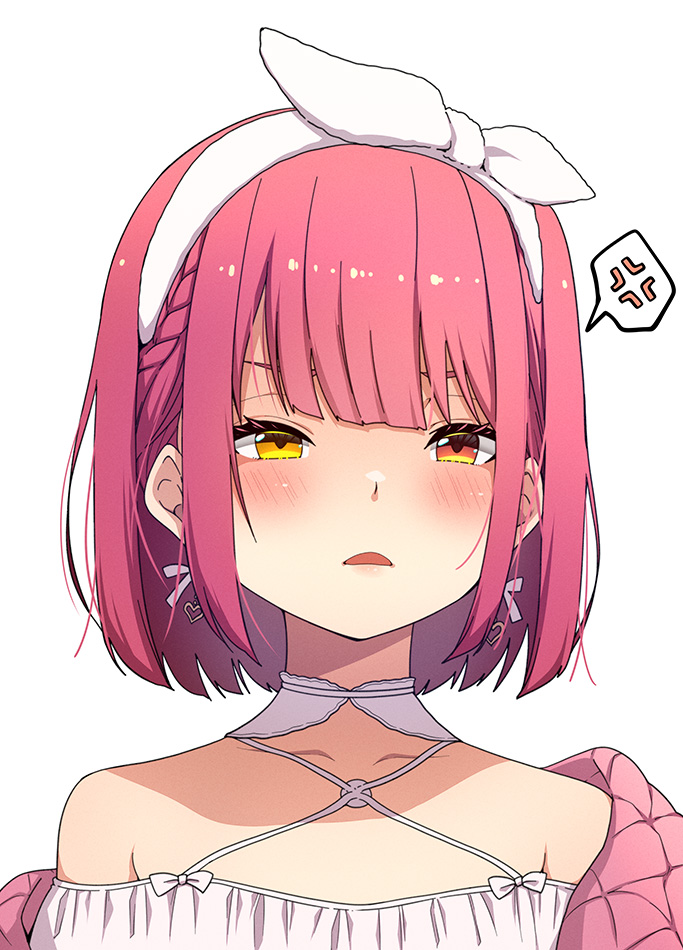 1girl, anger_vein, bare_shoulders, blunt_bangs, blush, commentary_request, earrings, hairband