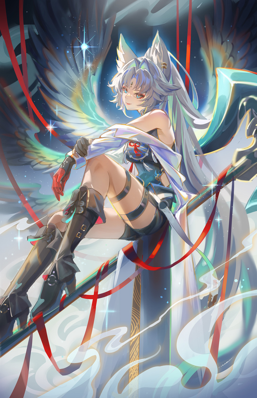 1girl, arm_rest, armpit_crease, bare_shoulders, black_footwear, black_gloves, black_shorts, blue_background, boots, chinese_clothes, closed_mouth, clothing_cutout, coat, collared_coat, english_commentary, eyeliner, feixiao_(honkai:_star_rail), forehead_jewel, from_side, gloves, green_eyes, grey_hair, hand_on_own_arm, high_ponytail, highres, honkai:_star_rail, honkai_(series), jessica_wijaya, knees_up, light_smile, long_hair, long_sleeves, looking_at_viewer, looking_to_the_side, makeup, multicolored_background, off_shoulder, open_clothes, open_coat, parted_bangs, pink_lips, ponytail, rainbow_gradient, red_eyeliner, red_ribbon, ribbon, short_shorts, shorts, sitting, smoke_trail, solo, solo_focus, sparkle, thigh_strap, unfinished, weapon, white_coat, wings