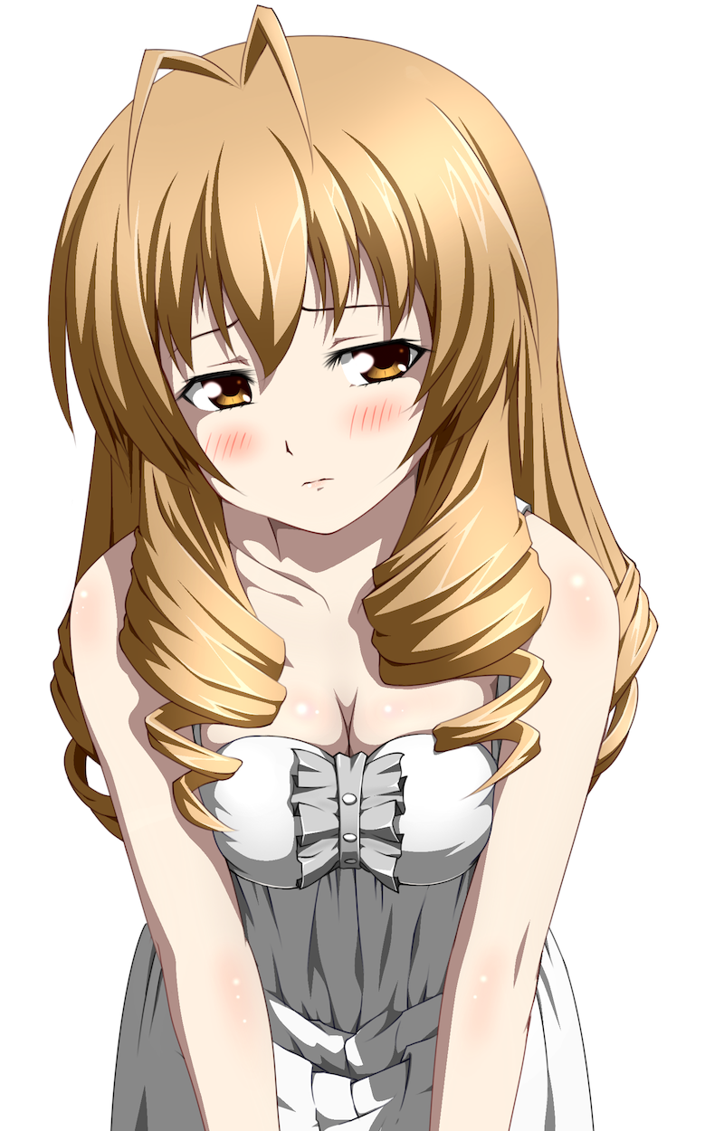blush, breasts, brown_eyes, brown_hair, chokotto, cleavage, dress, drill_hair