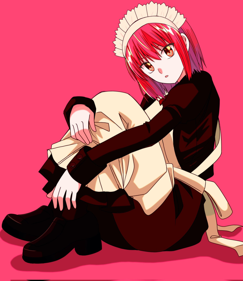 1girl, apron, dress, hair_between_eyes, head_tilt, highres, hisui_(tsukihime), hugging_own_legs