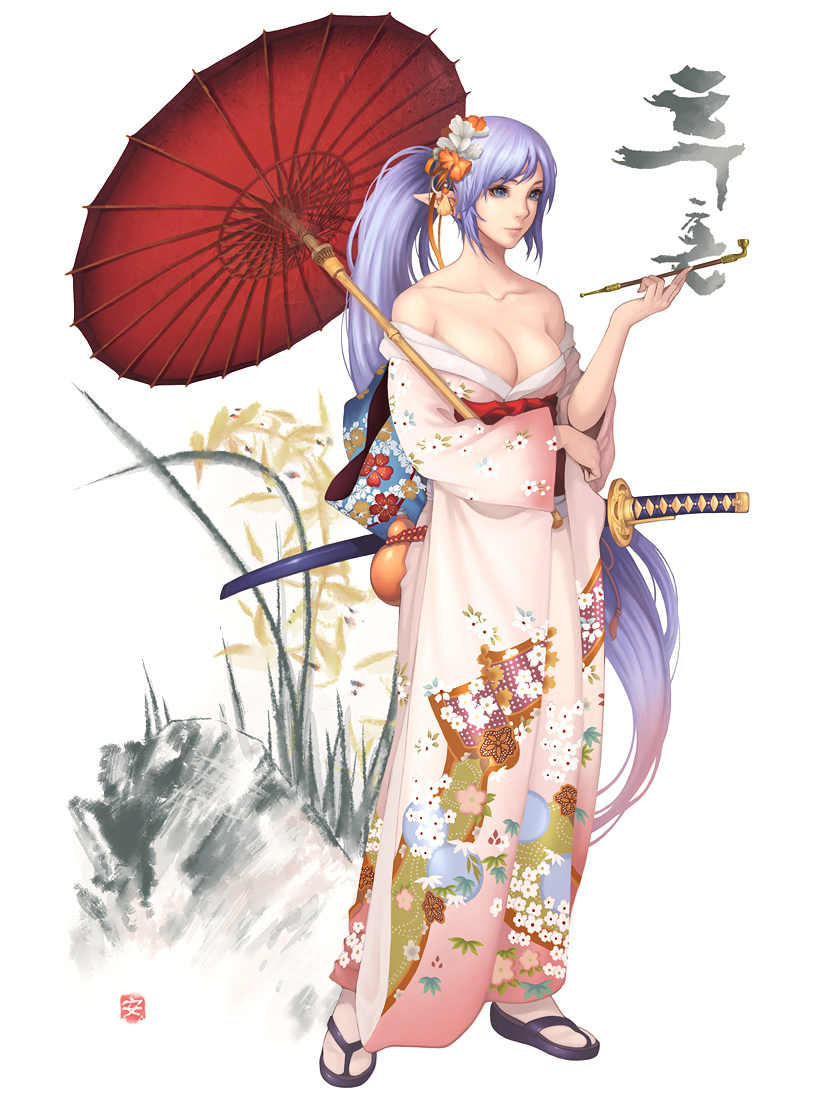 bare_shoulders, blue_hair, breasts, cleavage, elf, gourd, green_eyes, japanese_clothes, katana, kimono, kiseru, lapucelle_(arasoo1210), lapucelle_(artist), lavender_hair, long_hair, oriental_umbrella, original, pipe, pointy_ears, ponytail, sandals, solo, sword, tabi, umbrella, very_long_hair, weapon
