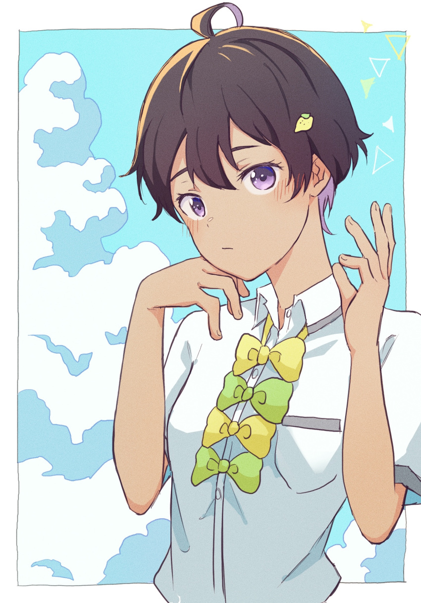 1girl, ahoge, black_hair, blue_sky, bow, bowtie, clouds, collared_shirt