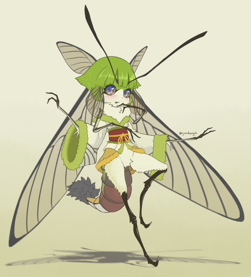 1girl, absurdres, antennae, arthropod_girl, arthropod_limbs, blue_eyes, body_fur, carapace, extra_arms, fewer_digits, full_body, fur_trim, green_hair, head_wings, highres, insect_wings, japanese_clothes, kimono, monster_girl, neck_fur, original, ryochang, shadow, short_hair, solo, symbol_in_eye, very_short_hair, wide_sleeves, wings