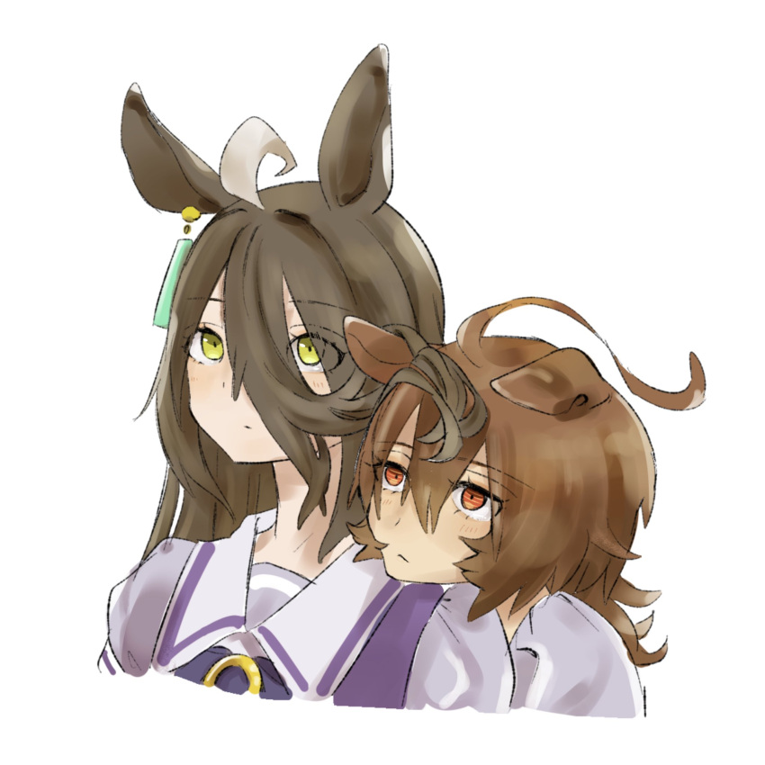2girls, agnes_tachyon_(umamusume), ahoge, animal_ears, black_hair, bow, bowtie, brown_hair