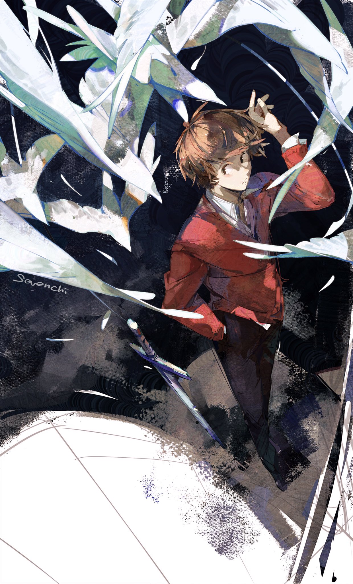 1boy, ahoge, animal, bird, bishounen, brown_hair, commentary, english_commentary