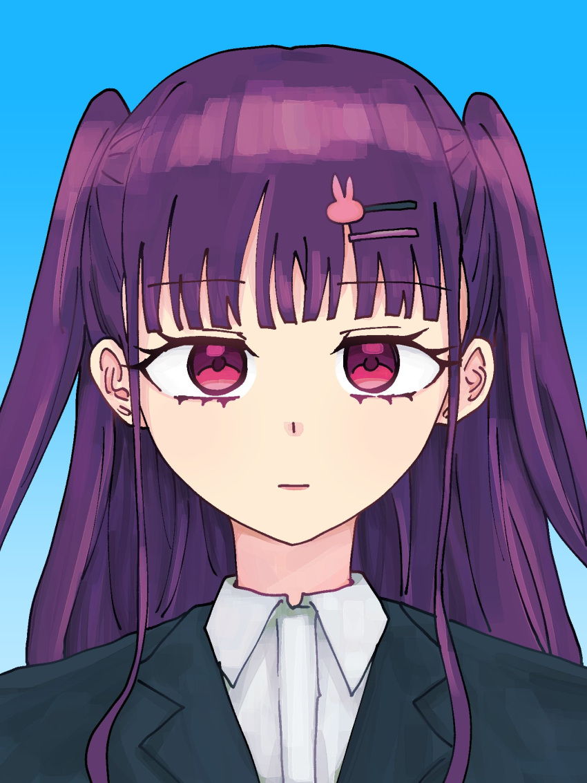 1girl, alternate_costume, black_jacket, blue_background, blunt_bangs, closed_mouth, collared_shirt, commentary_request
