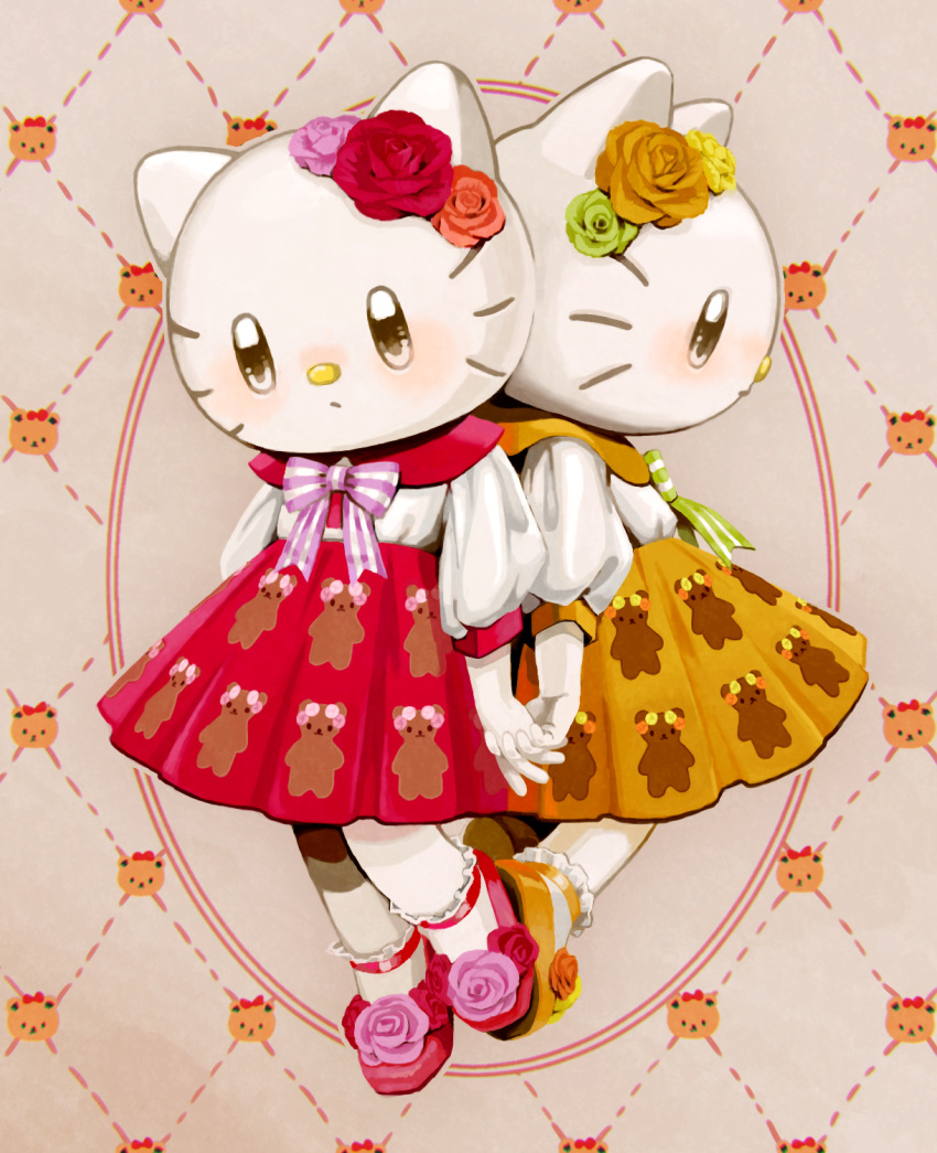 2girls, animal_ears, animal_nose, bow, cat_ears, cat_girl, commentary_request, flower, full_body, furry, furry_female, head_wreath, hello_kitty, hello_kitty_(character), highres, huse_hara, interlocked_fingers, lolita_fashion, mimmy_(hello_kitty), multiple_girls, patterned_background, rose, sanrio, shoes, siblings, sisters, sweet_lolita