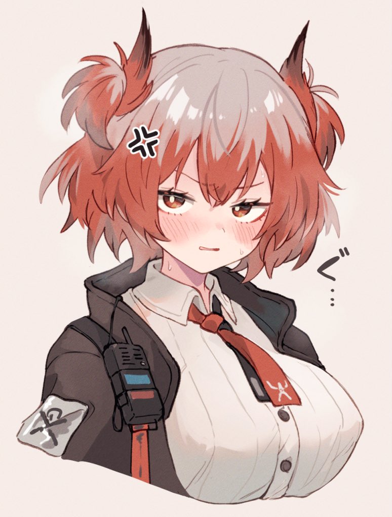 1girl, anger_vein, annoyed, arknights, arouni22, black_jacket, black_necktie, blush