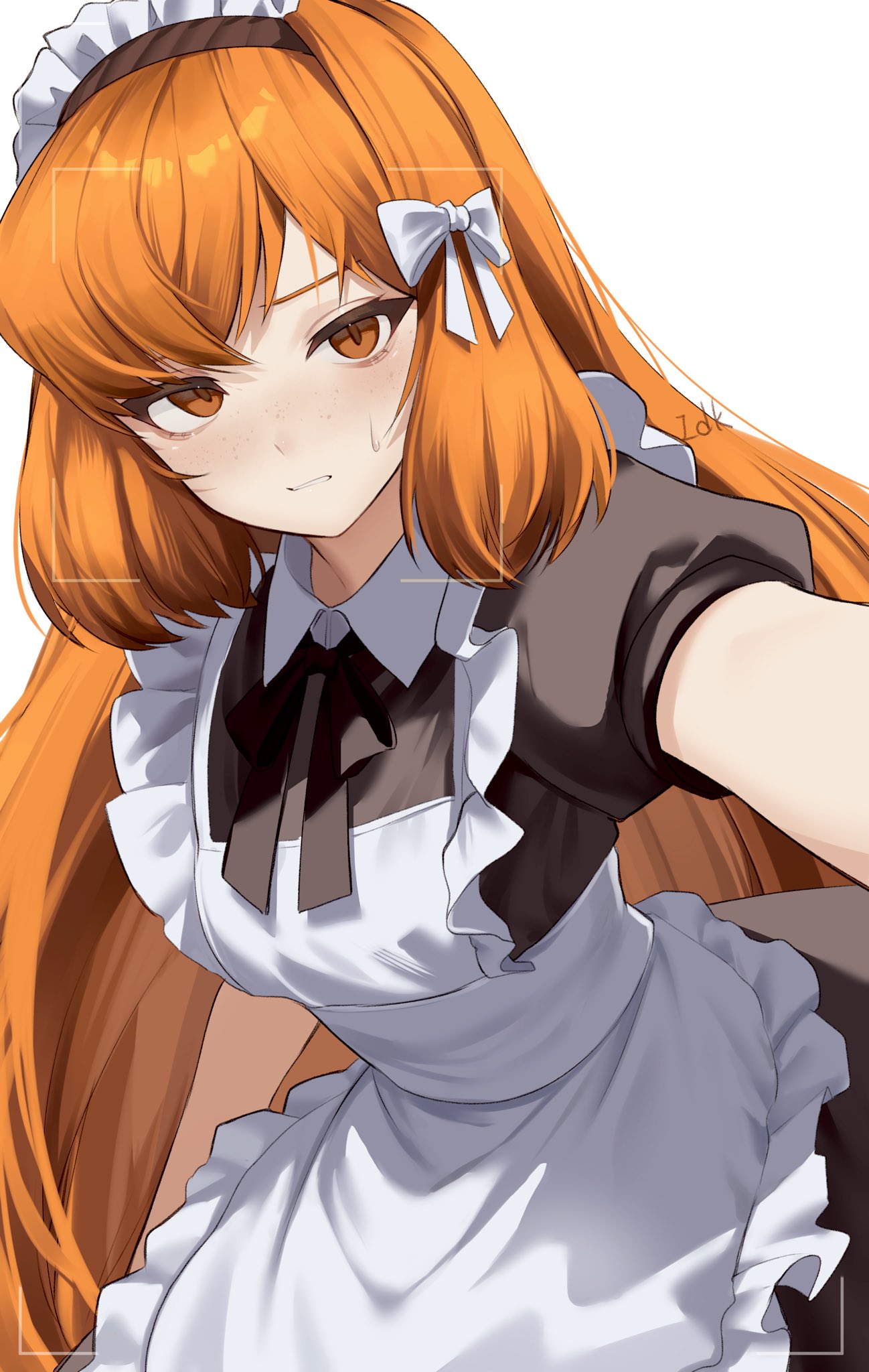 1girl, apron, black_bow, black_bowtie, black_dress, bow, bowtie, collared_shirt