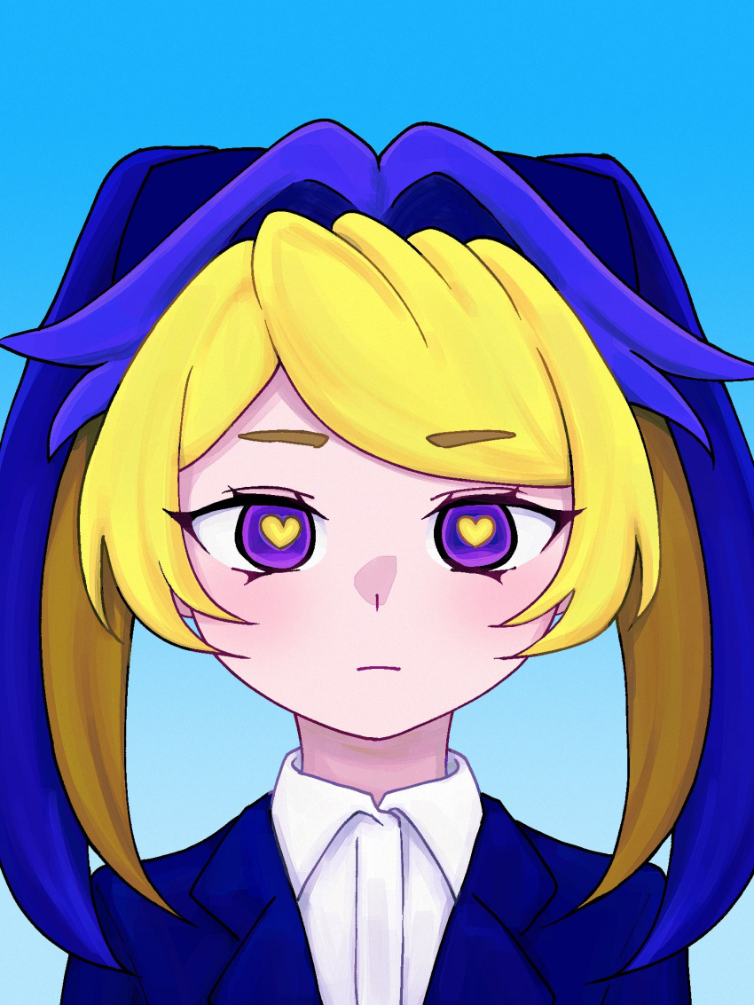 1girl, alternate_costume, blonde_hair, blue_background, blue_hair, blue_jacket, blush, closed_mouth