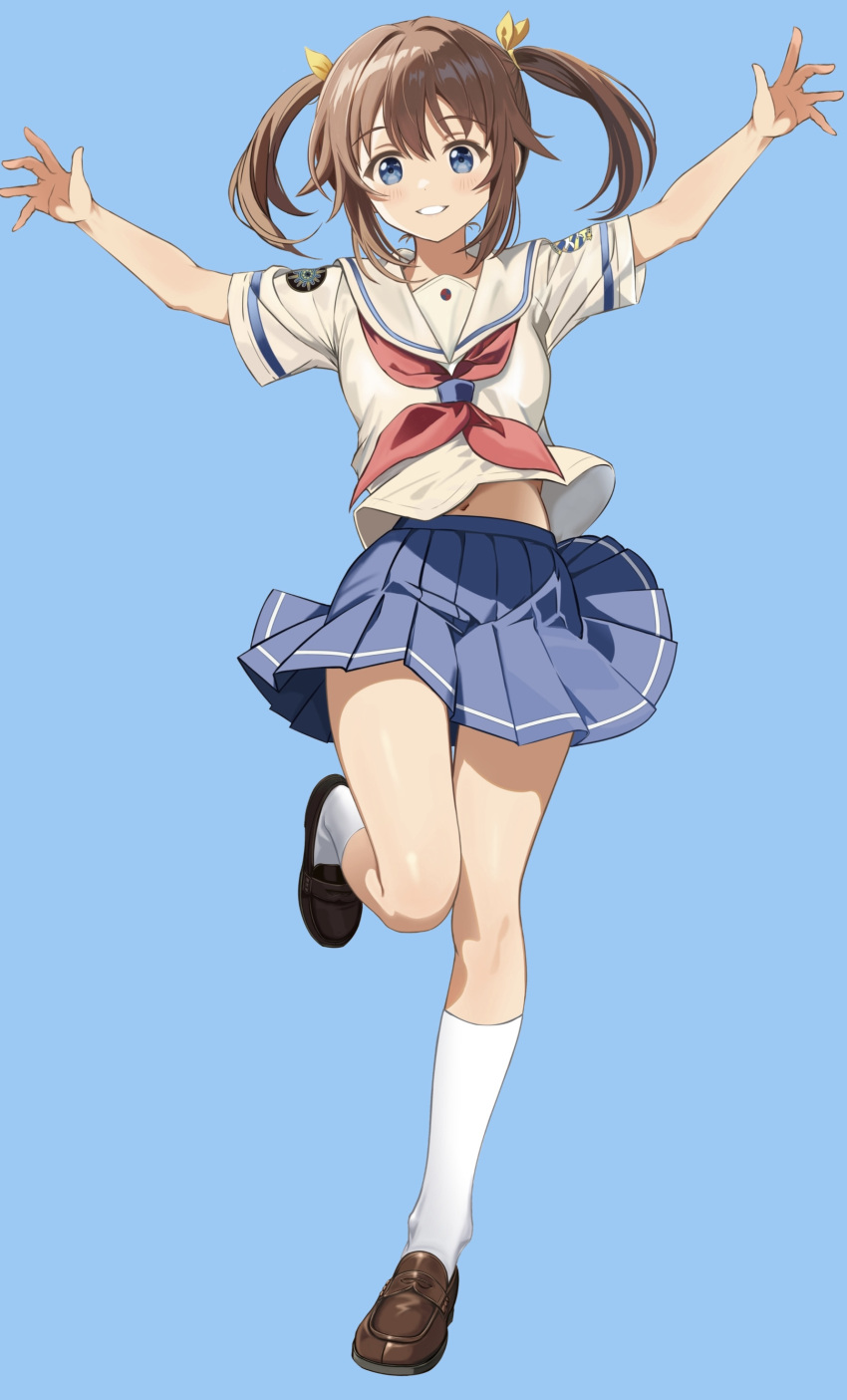 1girl, absurdres, arms_up, blue_background, blue_eyes, blue_skirt, bow, brown_footwear, brown_hair, full_body, grin, hair_bow, high_school_fleet, highres, kneehighs, loafers, long_hair, looking_at_viewer, miniskirt, misaki_akeno, navel, neckerchief, pleated_skirt, red_neckerchief, sailor_collar, sailor_shirt, school_uniform, serafuku, shirt, shoes, short_sleeves, simple_background, skirt, smile, socks, solo, standing, standing_on_one_leg, stomach, twintails, white_sailor_collar, white_shirt, white_socks, yellow_bow, yokosuka_girls_marine_high_school_uniform, zaofeng