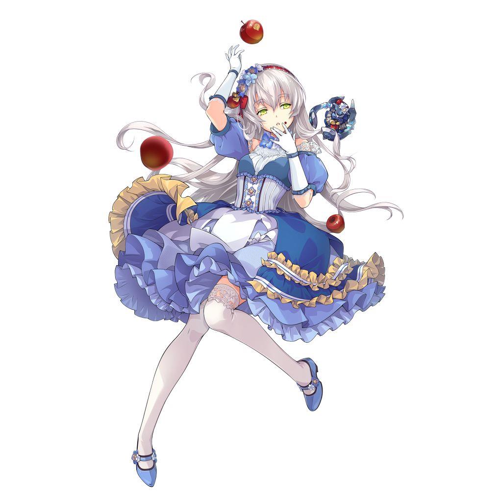 1girl, akatsuki_no_kiseki, altina_orion, apple, blue_dress, blue_flower, blue_footwear, claiomh_solais_(kiseki), dress, eiyuu_densetsu, floating_hair, flower, food, fruit, full_body, gloves, hair_between_eyes, hair_flower, hair_ornament, hairband, jpeg_artifacts, layered_dress, long_hair, official_art, red_apple, red_hairband, sen_no_kiseki_(series), sen_no_kiseki_ii, simple_background, solo, thigh-highs, third-party_source, underbust, white_background, white_gloves, white_hair, white_thighhighs, yellow_eyes