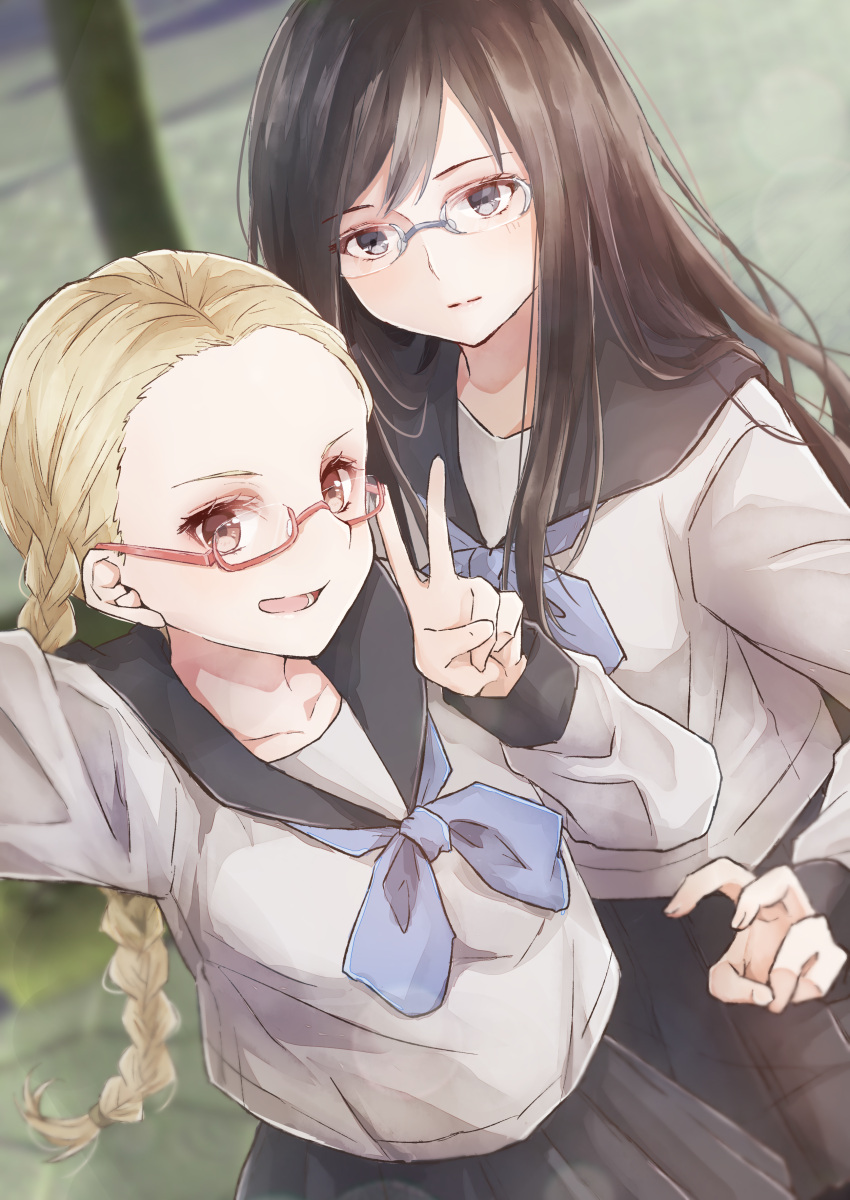 2girls, absurdres, black_hair, black_skirt, blonde_hair, braid, brown_eyes, glasses
