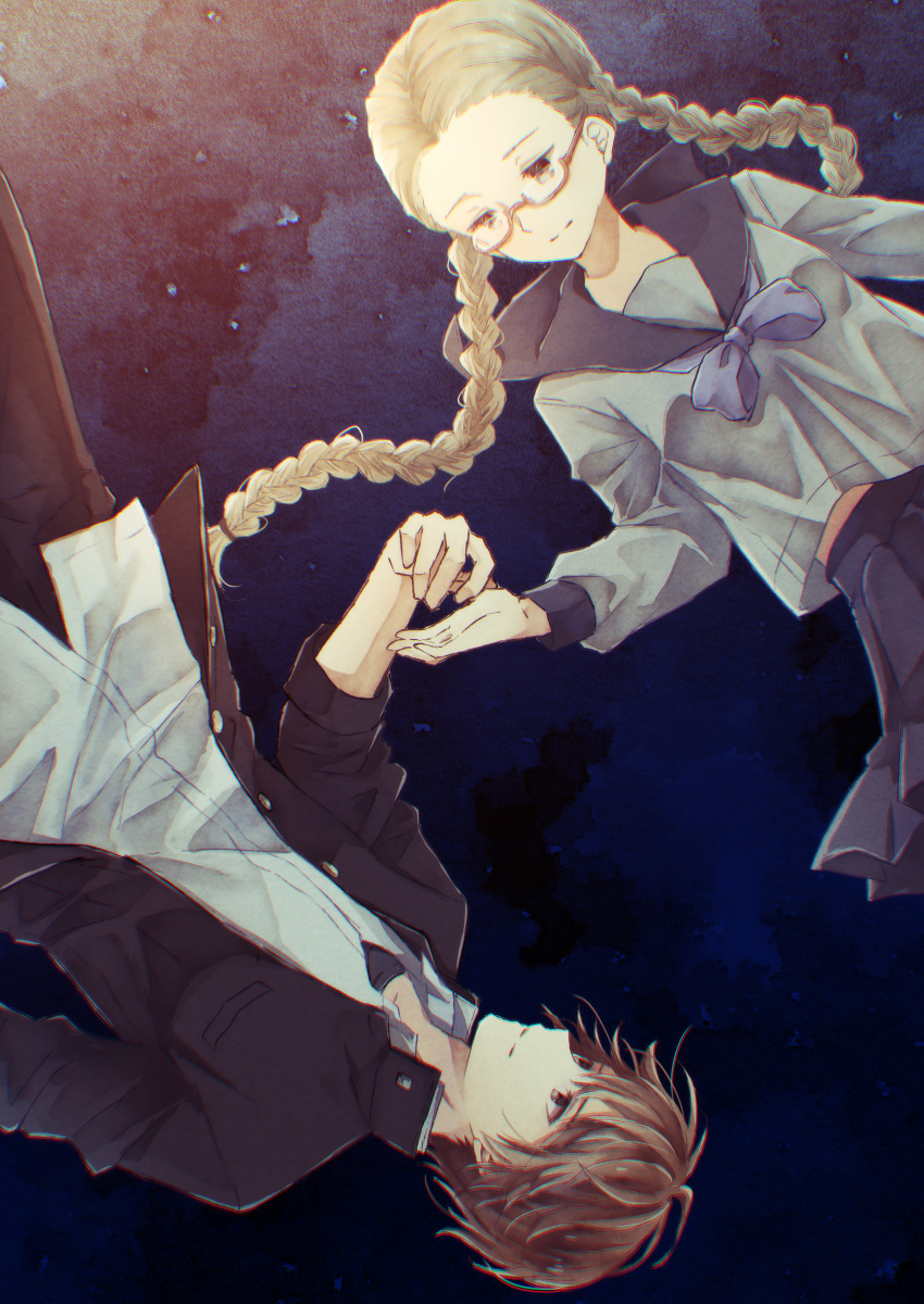 1boy, 1girl, absurdres, black_jacket, black_skirt, blue_neckerchief, braid, brown_hair