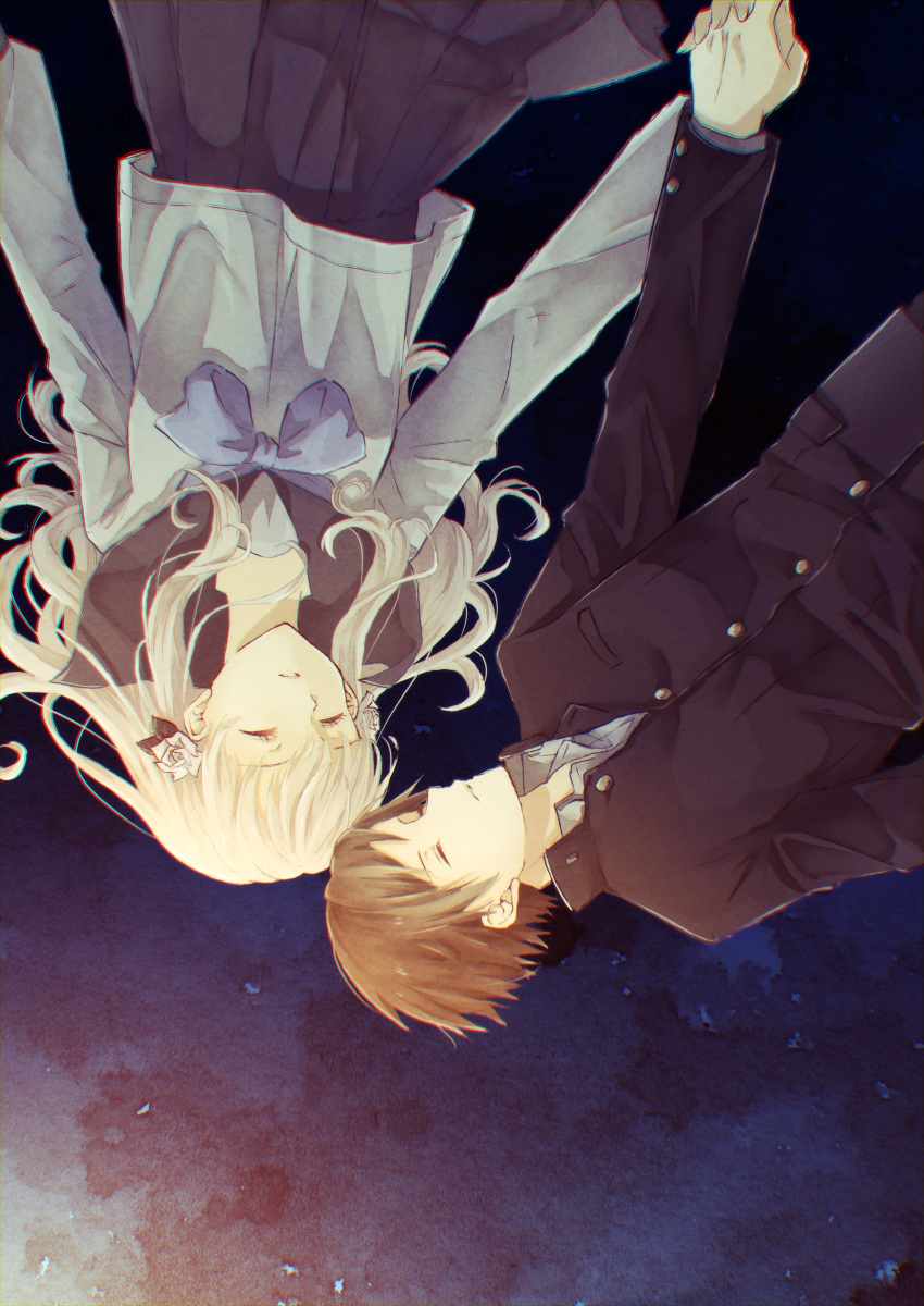 1boy, 1girl, absurdres, black_jacket, black_skirt, blue_necktie, brown_hair, closed_eyes