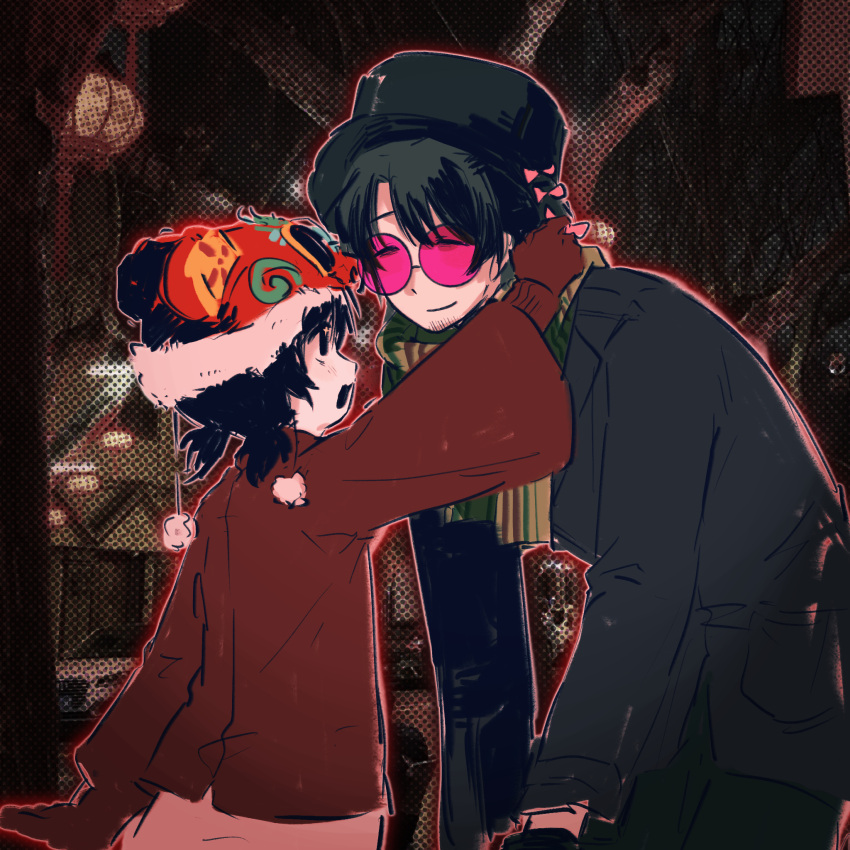 1boy, 1girl, bai_(bai40554), beard_stubble, black_eyes, black_gloves, black_hair, black_hat