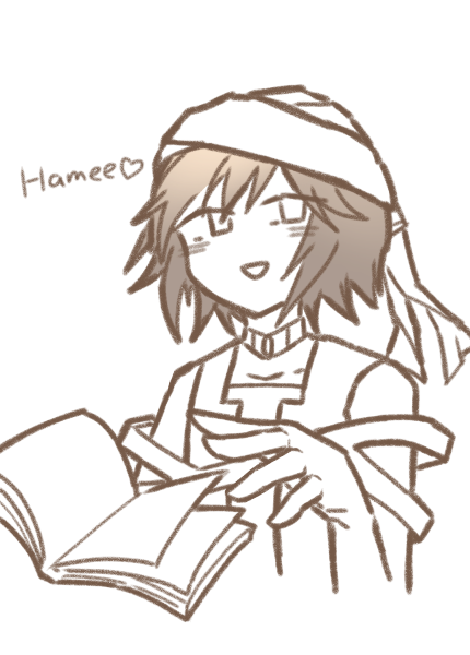 1other, androgynous, bare_arms, bare_shoulders, blush_stickers, book, brown_hair, character_name, chinese_commentary, choker, cine_hamal, collarbone, commentary_request, cropped_torso, hand_up, heart, holding, holding_book, jacket, kuzu_suzumi, len'en, open_book, open_clothes, open_jacket, open_mouth, other_focus, partially_colored, shirt, short_hair, simple_background, sleeveless, sleeveless_jacket, sleeveless_shirt, smile, solo, turban, white_background, zhaozhaozhaozhaozhao083