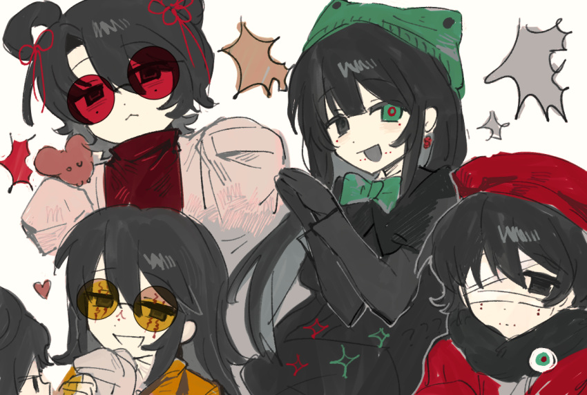 3girls, :<, bandage_over_one_eye, black_capelet, black_eyes, black_hair, bow, bowtie