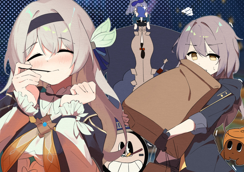 1boy, 3girls, @_@, absurdres, bag, black_gloves, black_hairband, black_jacket
