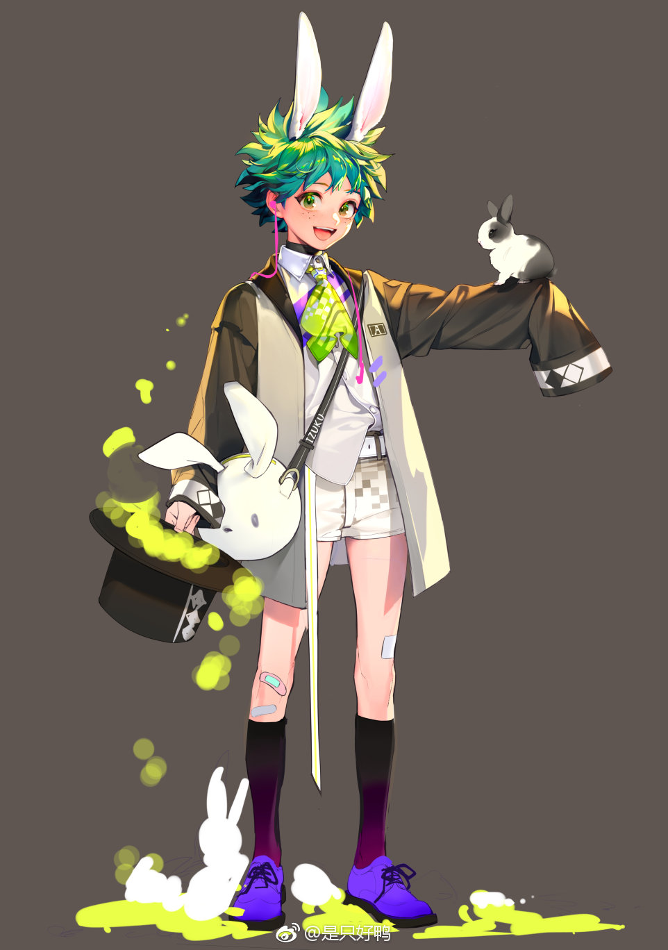1boy, alternate_costume, animal_bag, animal_ears, ascot, bag, bandaid, bandaid_on_knee, bandaid_on_leg, belt, black_hat, black_jacket, black_socks, black_undershirt, boku_no_hero_academia, checkered_shorts, chinese_commentary, collared_shirt, commentary_request, denim, denim_shorts, diamond_print, freckles, full_body, green_ascot, green_eyes, green_hair, grey_background, grey_vest, haoya_shitang, hat, highres, holding, holding_hat, holding_unworn_clothes, jacket, kemonomimi_mode, kneehighs, knees, light_blush, long_sleeves, looking_at_viewer, magic, magician, male_focus, messy_hair, midoriya_izuku, open_clothes, open_jacket, open_mouth, open_vest, outstretched_arm, purple_footwear, rabbit, rabbit_ears, shirt, shoes, short_hair, short_shorts, shorts, shoulder_bag, simple_background, sleeves_past_wrists, smile, sneakers, socks, solo, standing, teeth, top_hat, turtleneck, turtleneck_shirt, undershirt, upper_teeth_only, vest, weibo_watermark, white_bag, white_belt, white_shirt, white_shorts