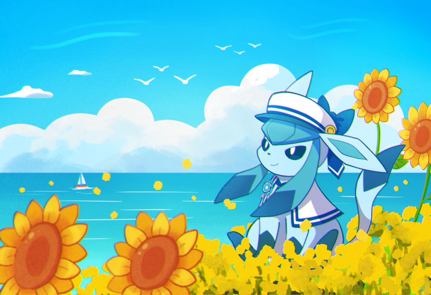 blue_bow, blue_eyes, blue_fur, blue_hair, blue_hat, blue_sky, bow, bright_pupils, clothed_pokemon, clouds, day, flower, glaceon, glaceon_(summer_sailor), hat, hat_bow, highres, komanychi, no_humans, official_alternate_costume, outdoors, petals, pokemon, pokemon_(creature), pokemon_cafe_remix, sailor_hat, sidelocks, simple_bird, sitting, sky, smile, solo, two-tone_fur, two-tone_hat, water, white_hat, white_pupils, yellow_flower