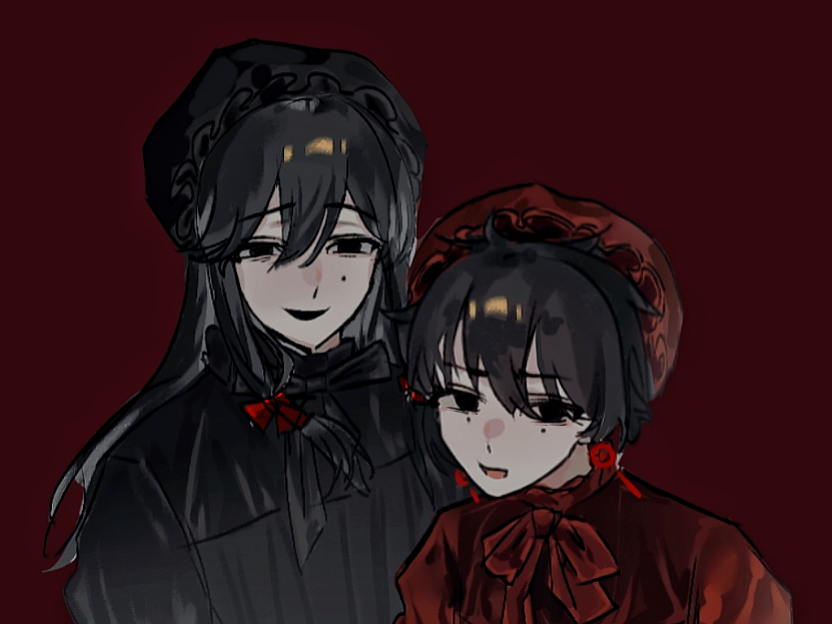 2boys, alternate_costume, black_hair, black_hat, black_ribbon, black_shirt, chinese_commentary, commentary_request, earrings, hair_ribbon, hat, height_difference, huiji83936, jewelry, li_yuting_(male), long_hair, male_focus, mob_cap, mole, mole_under_each_eye, mole_under_eye, multiple_boys, multiple_moles, neck_ribbon, red_background, red_hat, red_ribbon, red_shirt, ribbon, shirt, short_hair, simple_background, touqi_guaitan, ziche_fuzhao