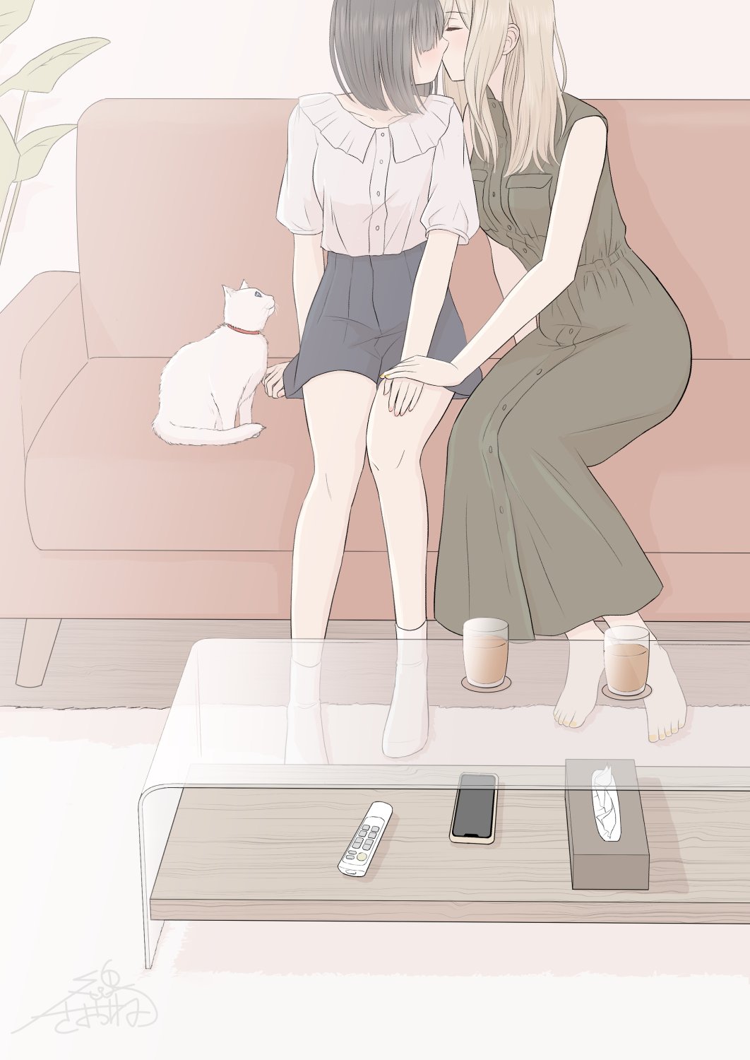 2girls, animal, barefoot, black_hair, black_skirt, blonde_hair, blush, breast_pocket