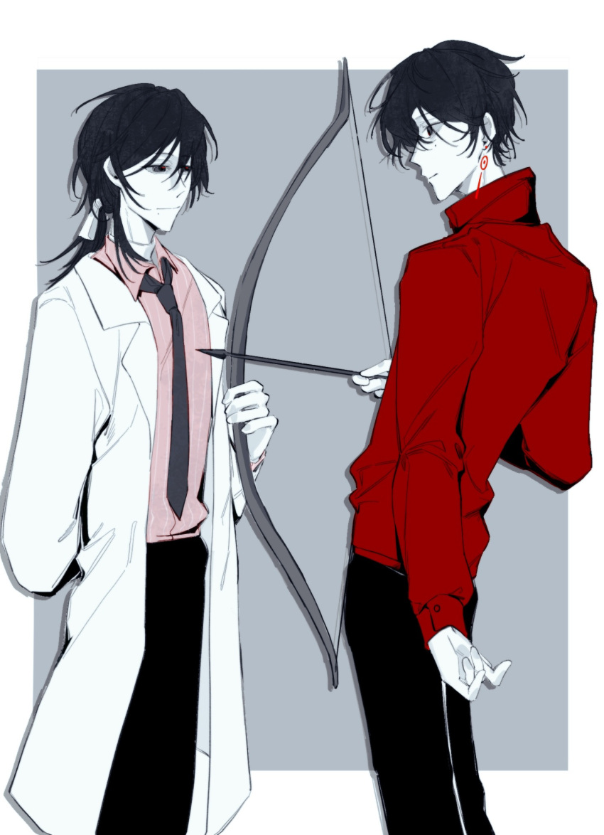 1712062993, 2boys, arm_behind_back, black_eyes, black_hair, black_necktie, black_pants, border