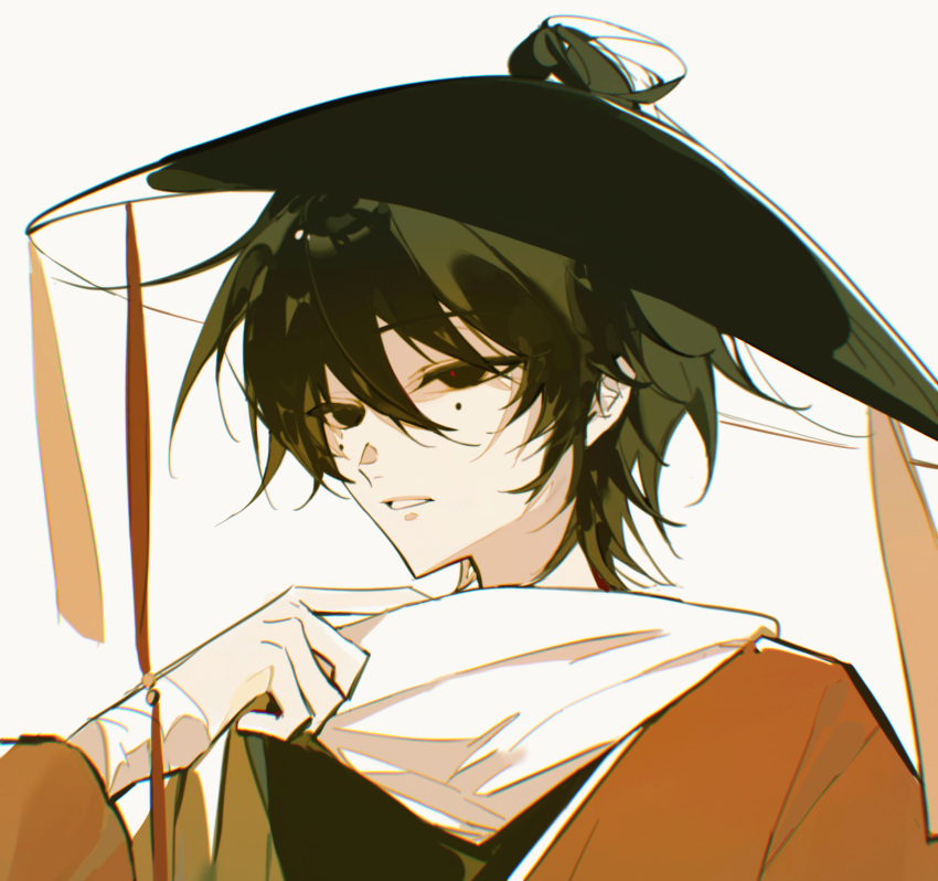 1boy, ajirogasa, black_eyes, black_hair, black_hat, black_vest, cen_boyao, hair_between_eyes, hat, helly_(helly56956), highres, huayangshan_jishi, jacket, male_focus, mole, mole_under_each_eye, mole_under_eye, multiple_moles, open_clothes, open_jacket, orange_jacket, portrait, shirt, short_hair, simple_background, solo, vest, white_background, white_shirt
