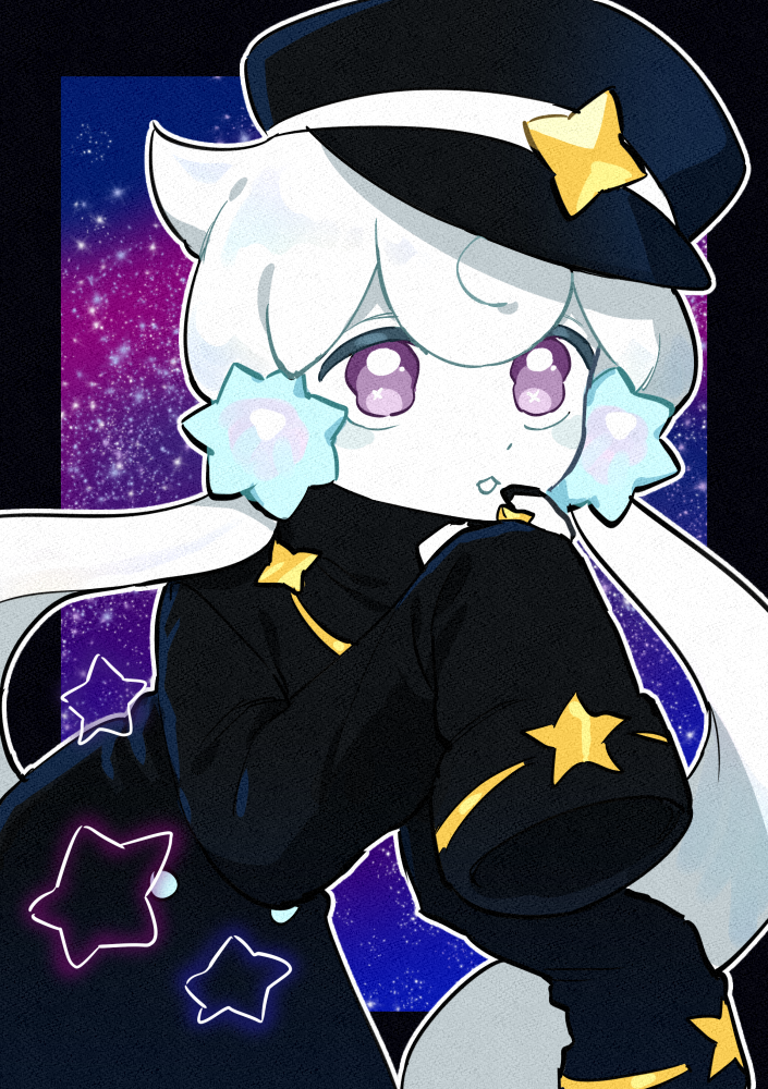 1girl, black_border, black_coat, black_hat, black_jacket, border, chestnut_mouth, coat