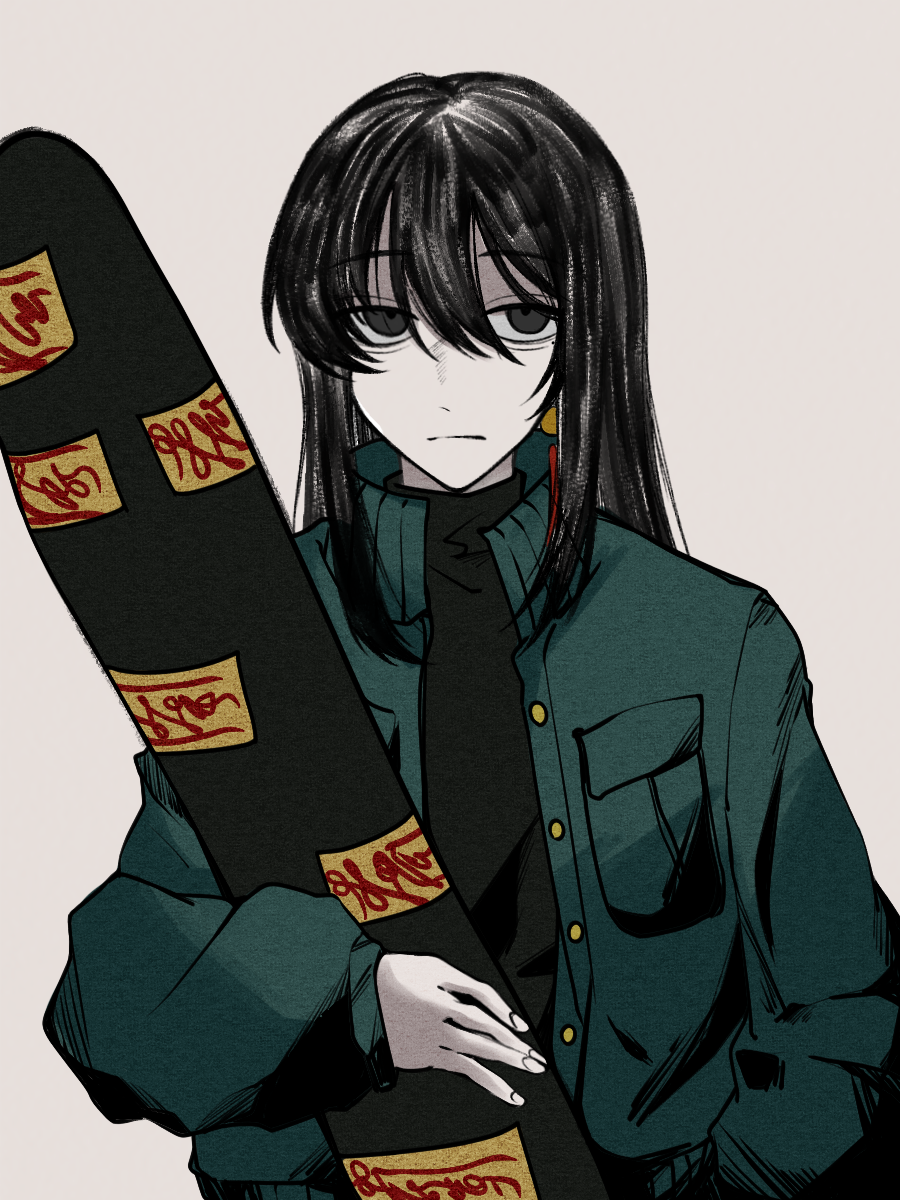 1boy, black_eyes, black_hair, black_sweater, chinese_commentary, closed_mouth, commentary_request, green_jacket, hair_between_eyes, highres, huayangshan_jishi, jacket, long_hair, long_sleeves, male_focus, mo_terbium, open_clothes, open_jacket, sanpaku, shen_xiuxiu, simple_background, solo, sweater, turtleneck, turtleneck_sweater, upper_body, white_background