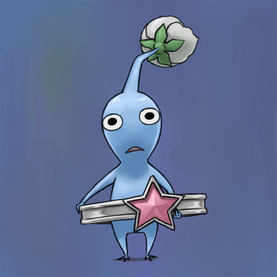 black_eyes, blue_background, blue_pikmin, blue_skin, bud, colored_skin, commentary_request, gem