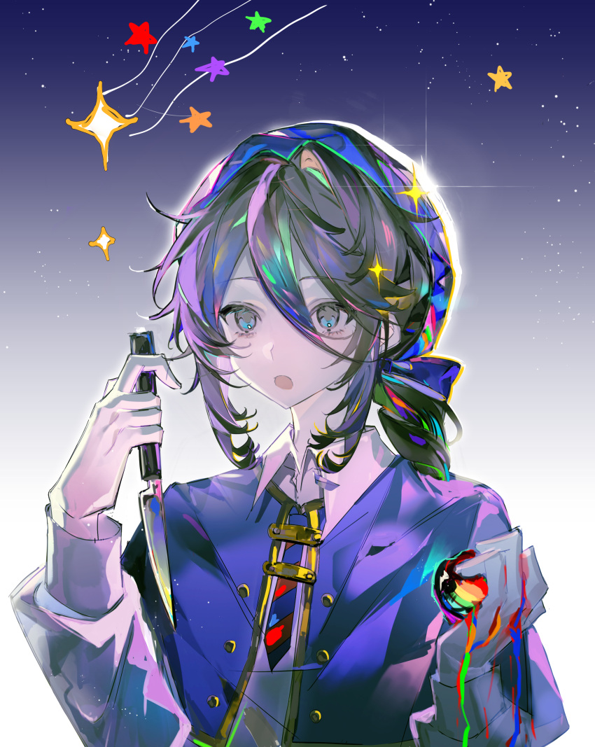 1boy, absurdres, black_hair, blue_bow, blue_capelet, blue_eyes, blue_hat, blue_necktie
