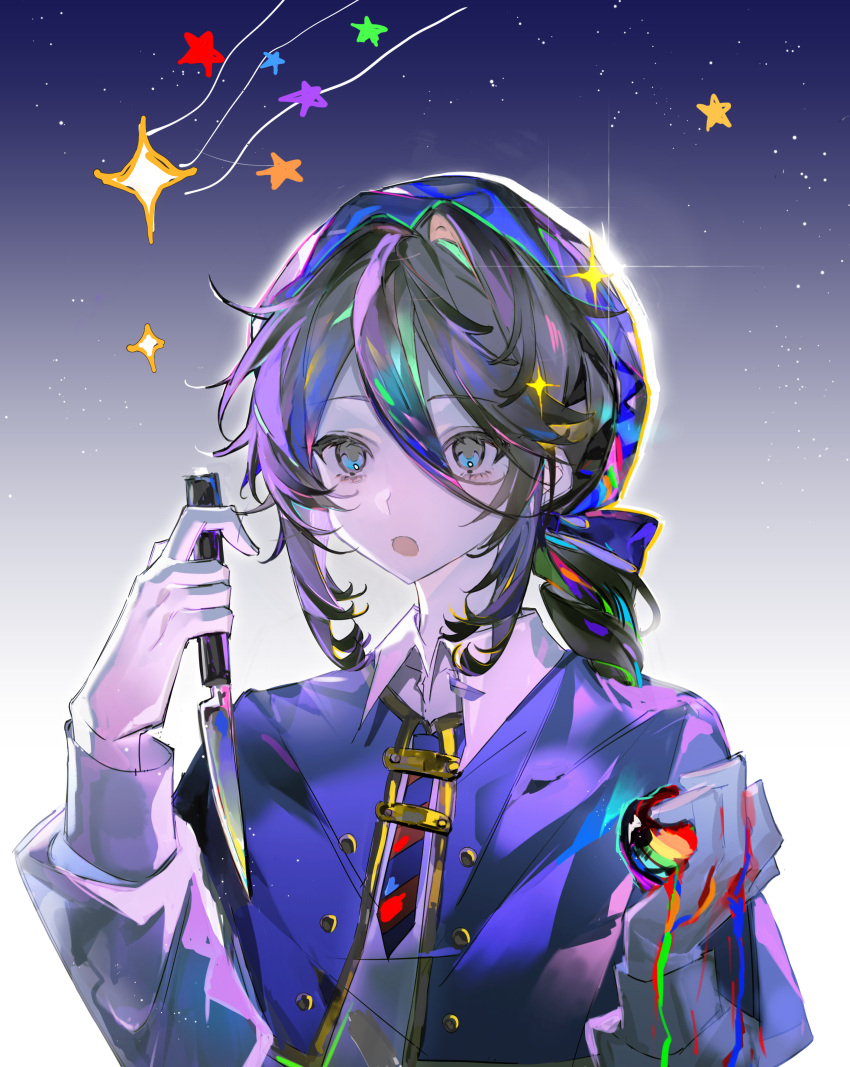 1boy, absurdres, black_hair, blue_bow, blue_capelet, blue_eyes, blue_hat, blue_necktie
