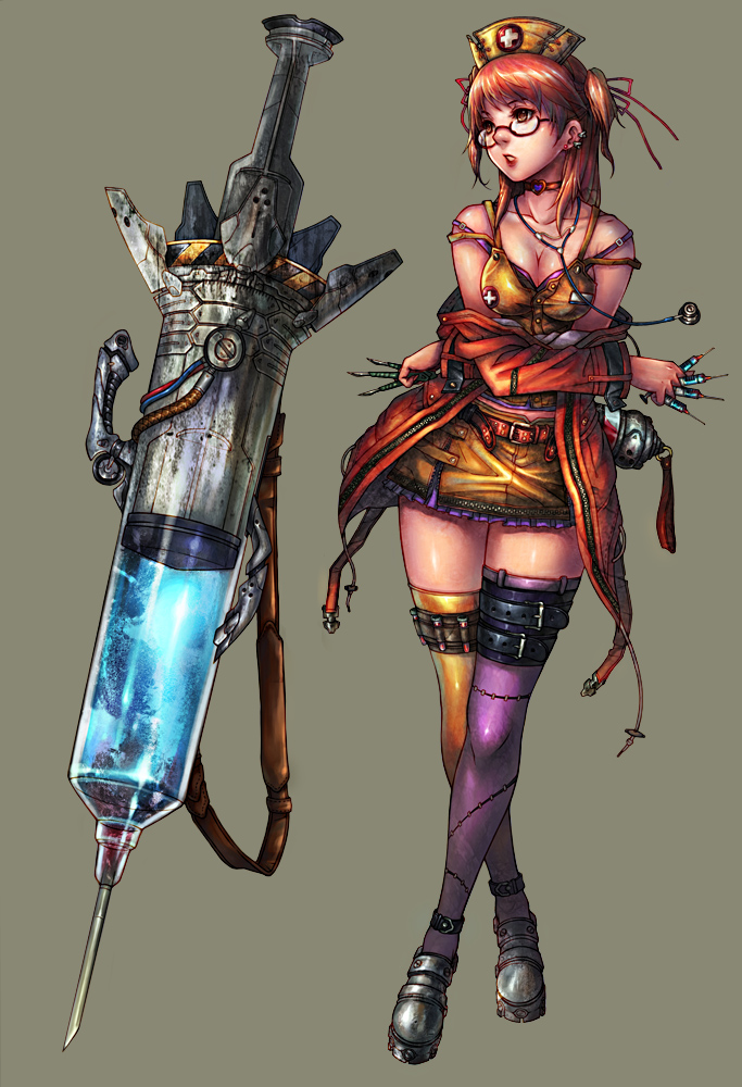 lapucelle_(arasoo1210), lapucelle_(artist), large_syringe, nurse, nurse_cap, original, oversized_object, red_eyes