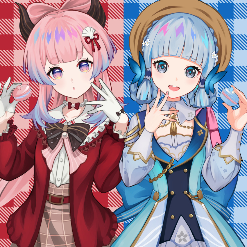 2girls, back_bow, bead_necklace, beads, belt, black_bow, blue_bow, blue_dress