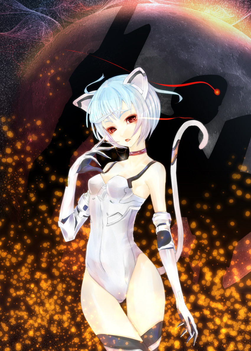 animal_ears, ayanami_rei, bad_id, bare_shoulders, blue_hair, cat_ears, cat_tail, collar