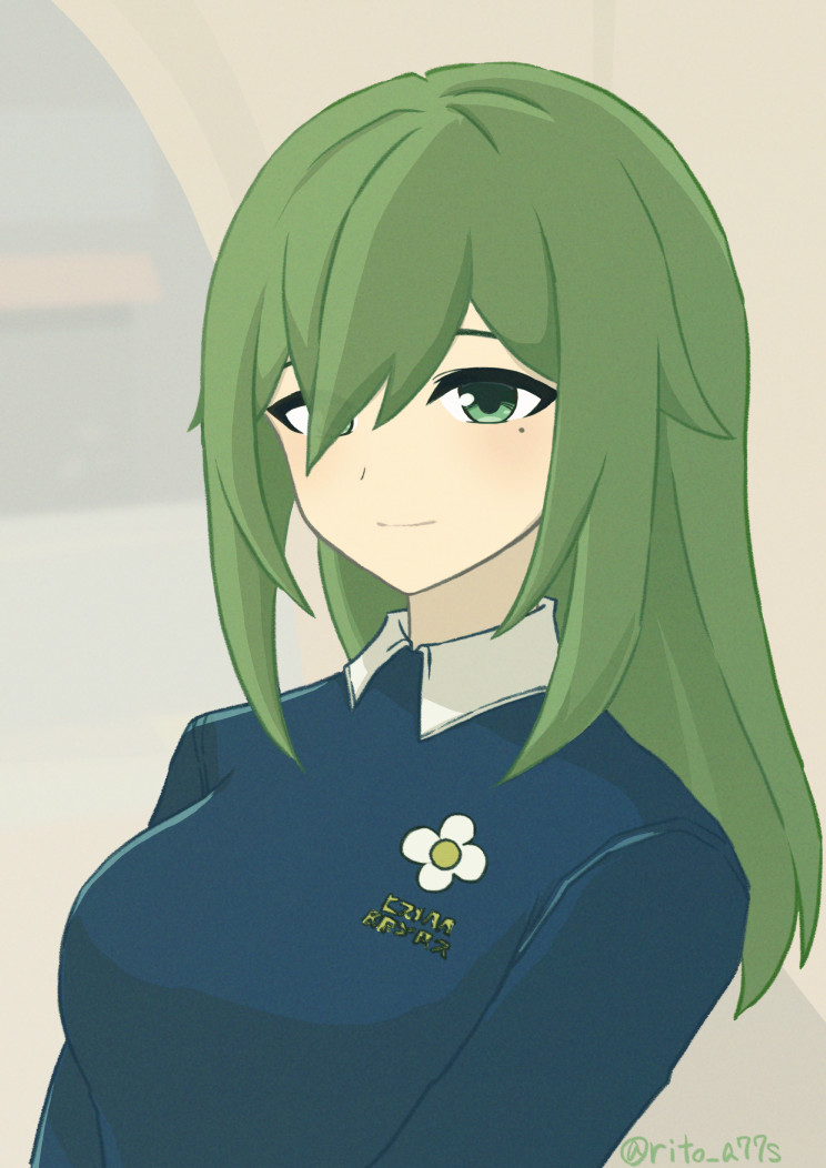 1girl, blue_shirt, breasts, collared_shirt, commentary, floral_print, green_eyes, green_hair, long_hair, long_sleeves, looking_at_viewer, medium_breasts, mole, mole_under_eye, ritoa7, shirt, smile, solo, twitter_username, venus_(zenless_zone_zero), zenless_zone_zero