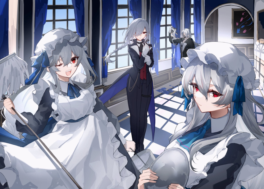 1boy, 3girls, ;d, adjusting_clothes, adjusting_gloves, alternate_costume, animal, apron