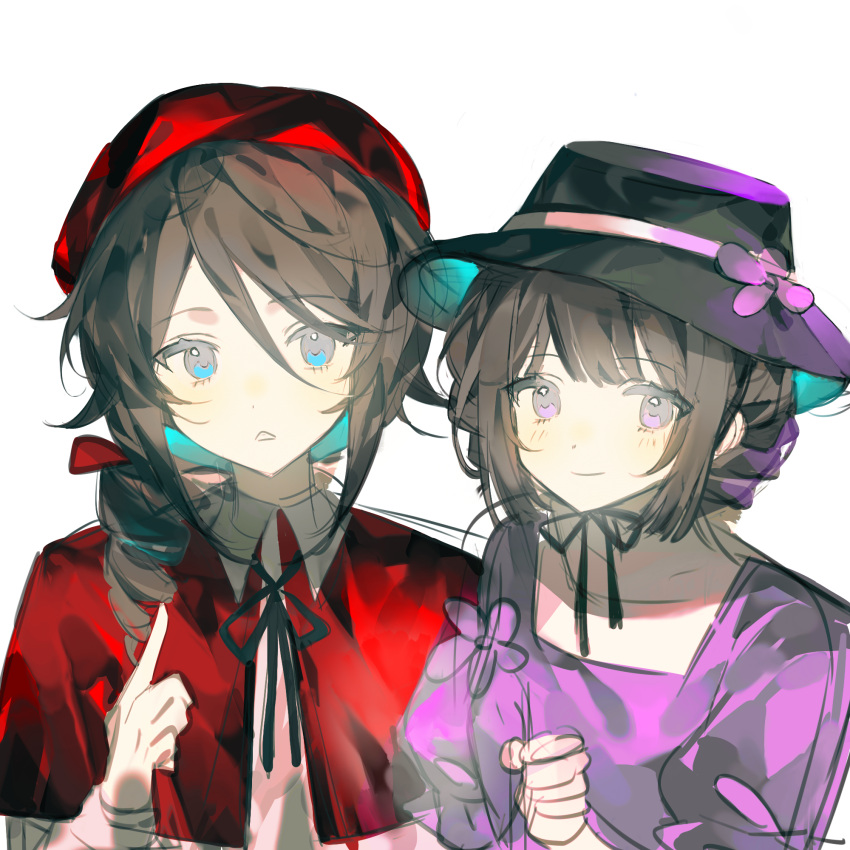 1boy, 1girl, black_hair, black_hat, black_ribbon, blue_eyes, brother_and_sister, capelet