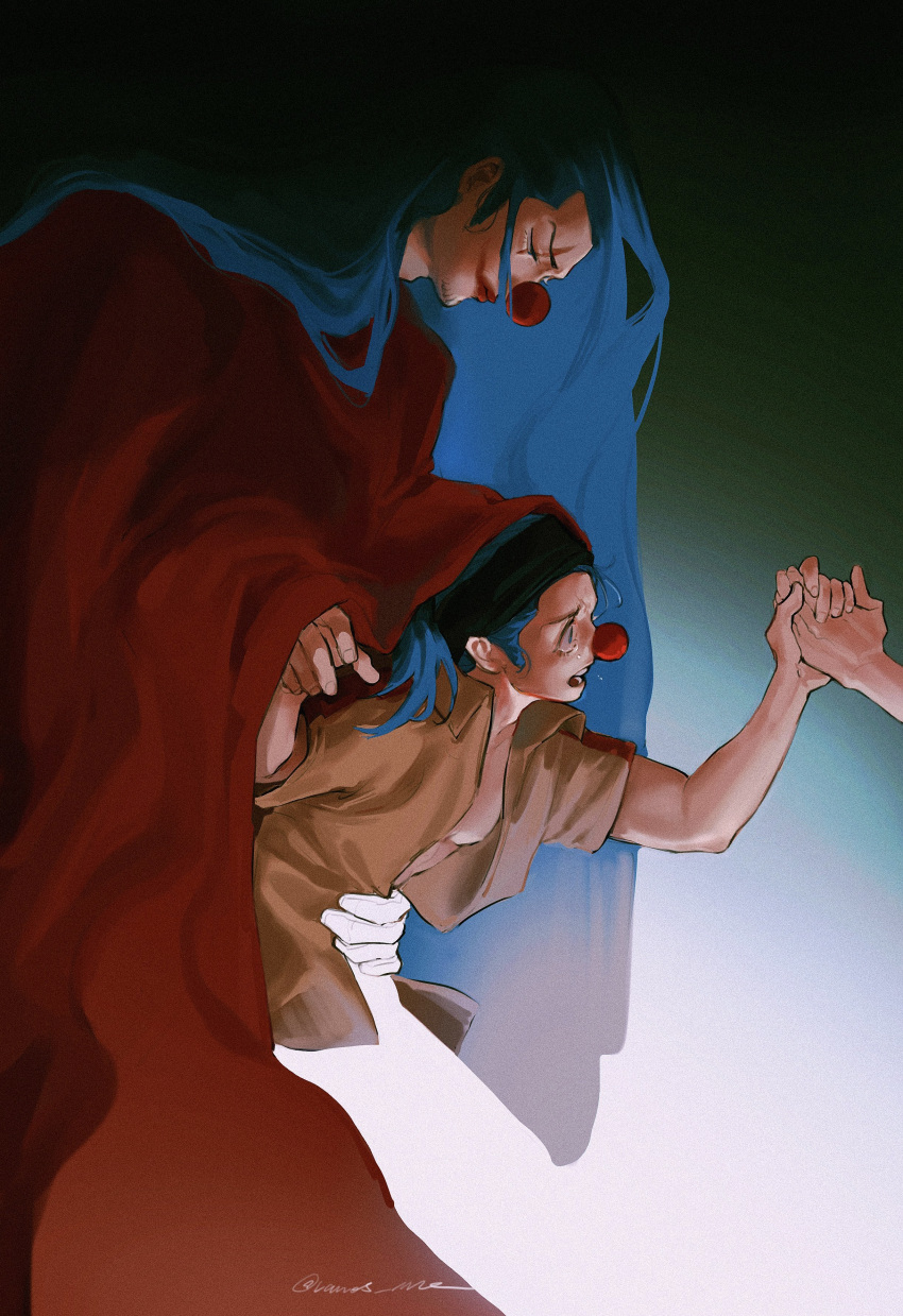 absurdly_long_hair, absurdres, age_comparison, arm_up, black_headband, blue_eyes, blue_hair, brown_shirt