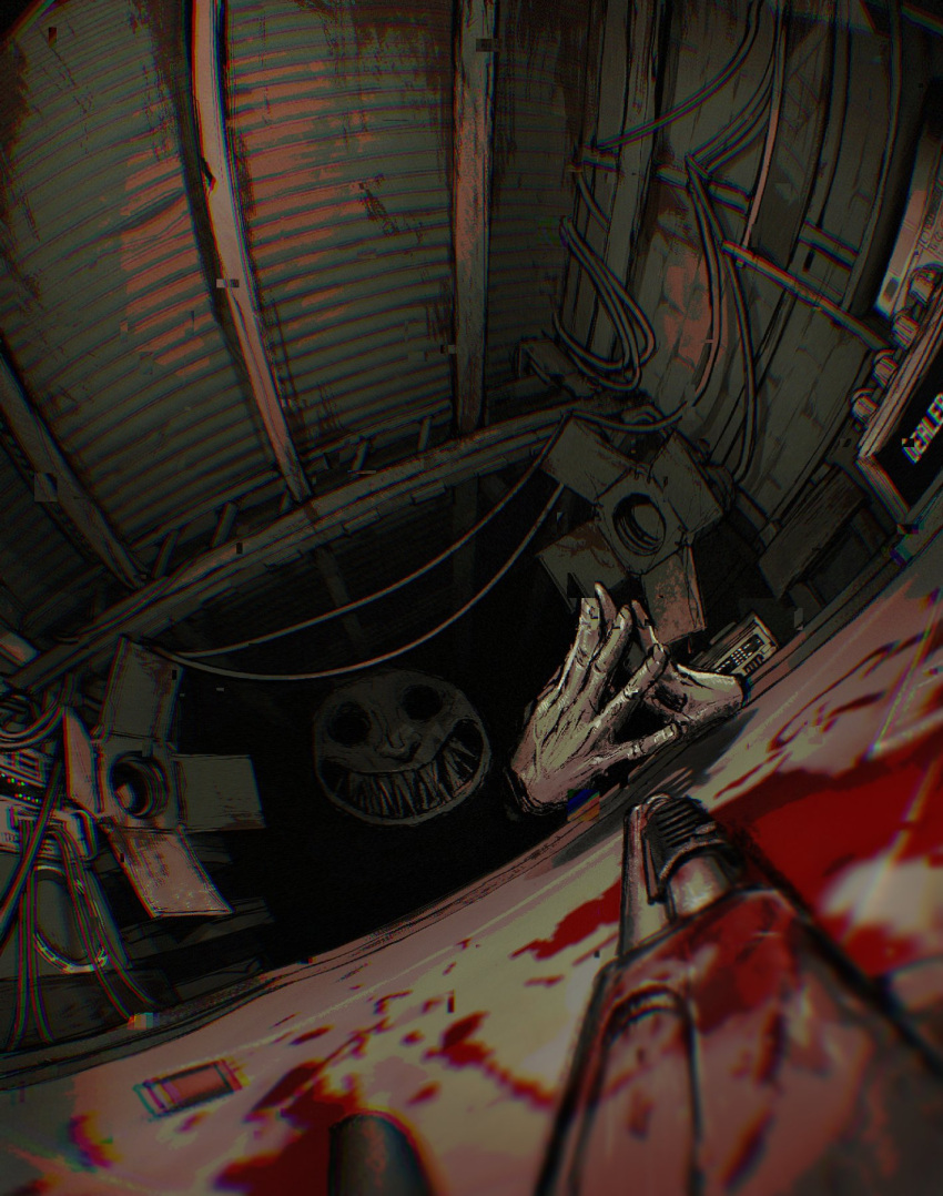 big_head, blood, blood_stain, buckshot_roulette, chromatic_aberration, crooked_teeth, dealer_(buckshot_roulette), english_commentary