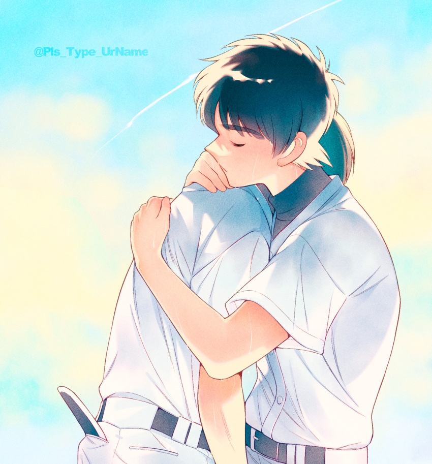 2boys, artist_name, belt, black_hair, brothers, closed_eyes, day, highres