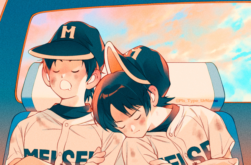 2boys, artist_name, baseball_cap, baseball_uniform, black_hair, brothers, clouds, crossed_arms