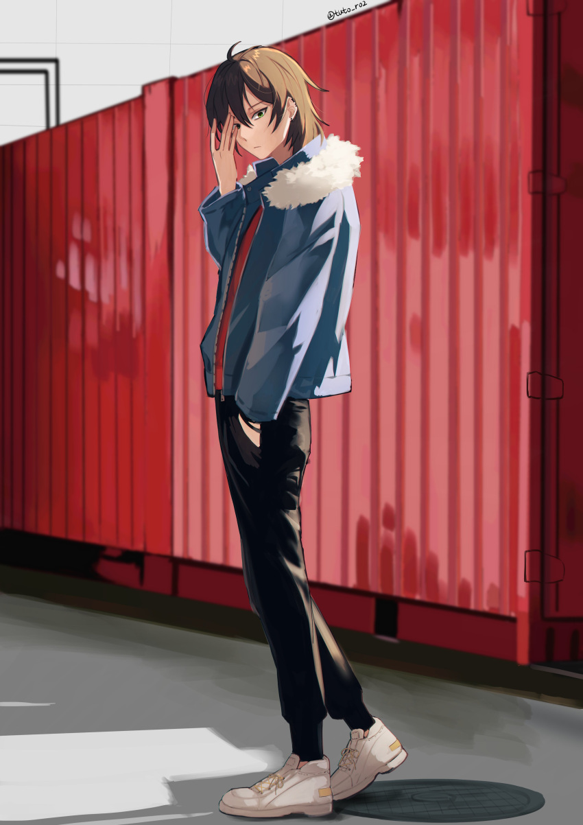 1boy, absurdres, ahoge, black_pants, blue_jacket, brown_hair, commentary_request, earclip