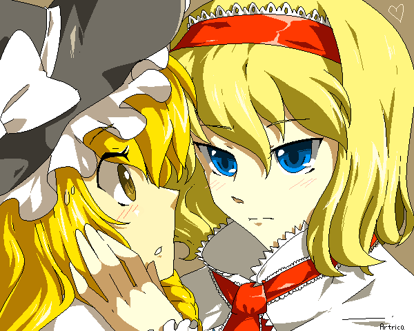 alice_margatroid, artrica, blonde_hair, blue_eyes, brown_eyes, eye_contact, face, hairband
